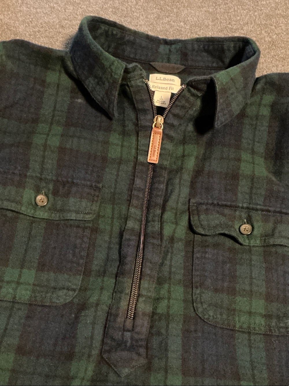 L.L. Bean Women's Green and Black Plaid Half-Zip Shirt